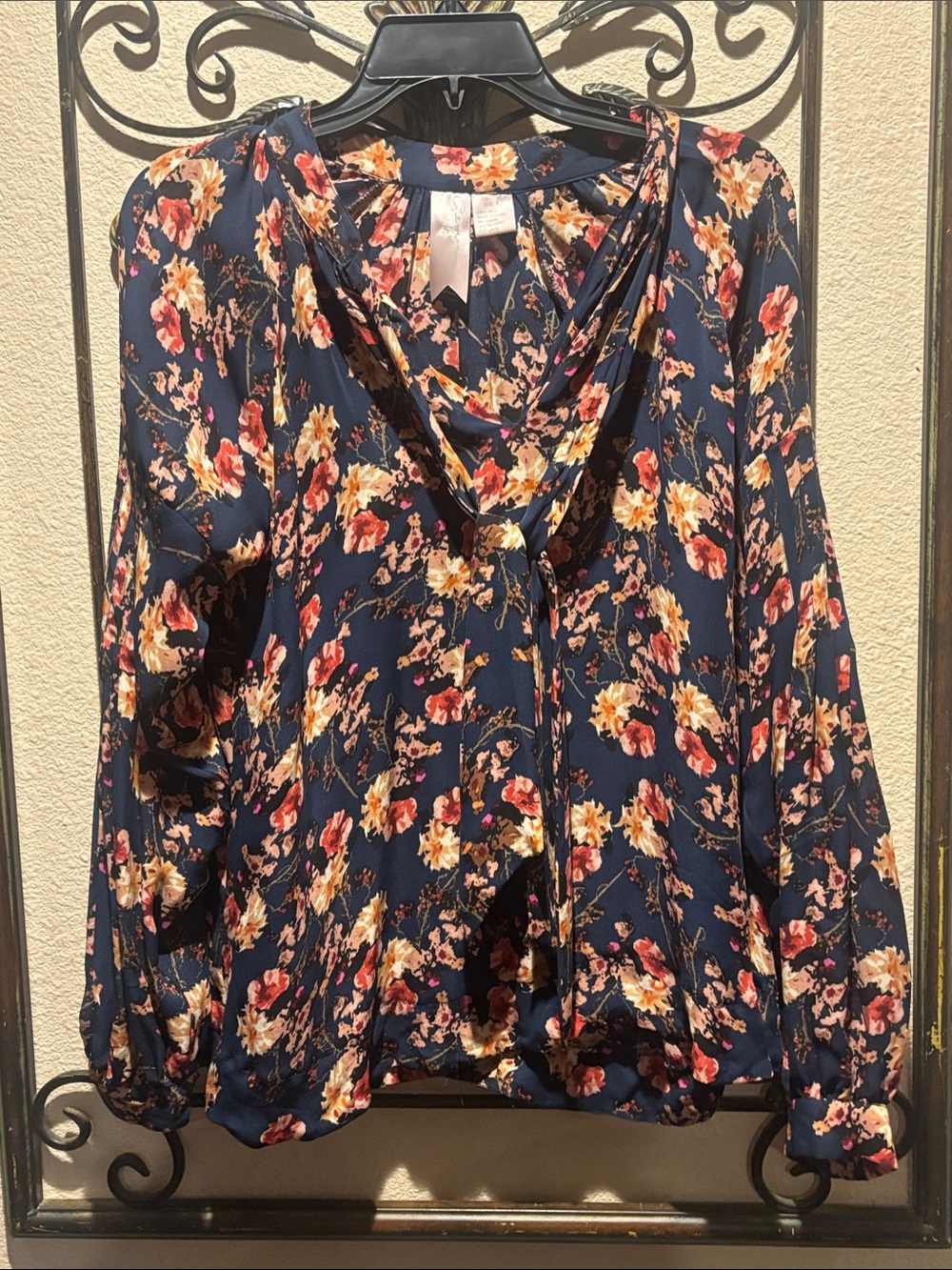 Gemma Silk Tie-Neck Floral Long-Sleeve Blouse in Navy and Assorted Colors